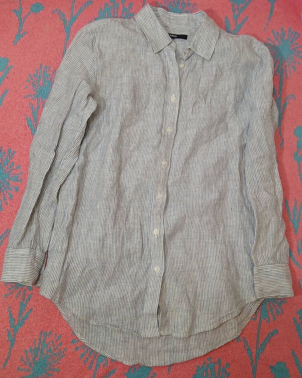 Quince womens 100% linen Oxford shirt classic pin stripe blue longsleeve button